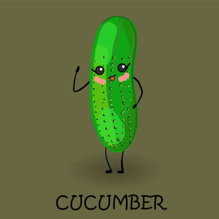 Cute cartoon cucumber. Tasty and healthy vegetables. Vegan character with eyes and a smile. Dark backgroundのイラスト素材