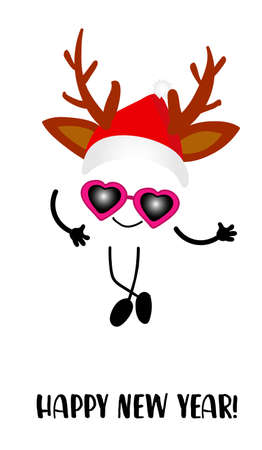New Year or Christmas card. Funny cartoon cheerful character on a white background. Winter holidays. Santa claus or deer antler costumeのイラスト素材