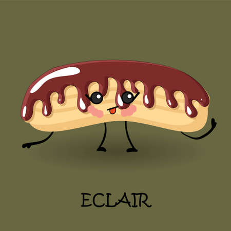 Eclair character with face and smile. Kawaii sweets and dessertsのイラスト素材
