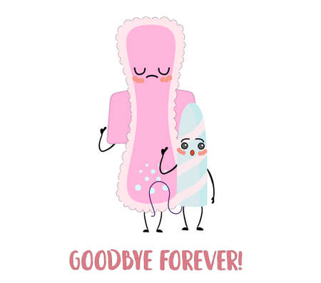 Sanitary pad and tampon for menstruation. Character for girls. White background. Cute illustrationのイラスト素材