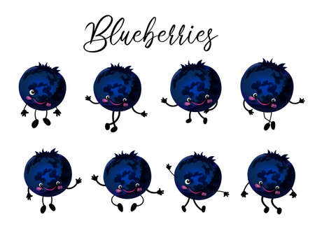 Character set. The berry is blue and black. Blueberry. Lucky fruit. Vitamins and minerals. Studying berries for children.のイラスト素材