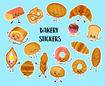 Set of funny bread, bakery characters with human faces stickers, smiling white, rye and whole grain bread, loaf, baguette, croissant, bunsのイラスト素材