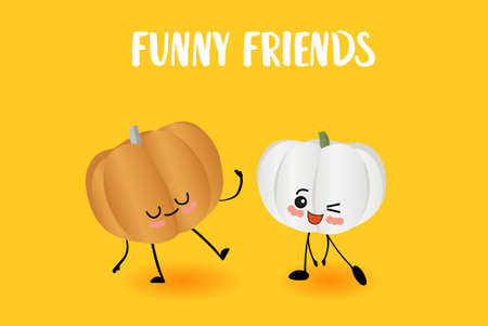 Funny pumpkins. Useful vegetables. Yellow autumn background Vegetarianismのイラスト素材