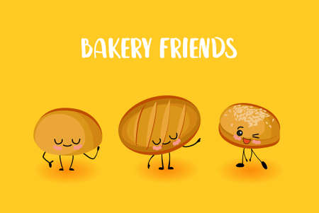 cute kawaii characters, bakery products. Bread, roll and loaf.