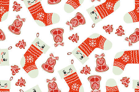 Christmas seamless pattern with kawaii cute christmas sock. cartoon character, texture for textile, scrapbook, wrapping paper, new year decoration vectorのイラスト素材
