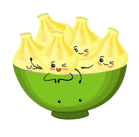 national dish of Georgian cuisine. Khinkali. Dumplings. . Semi-finished products with a shell of dough. Funny cartoon character. Tasty foodのイラスト素材