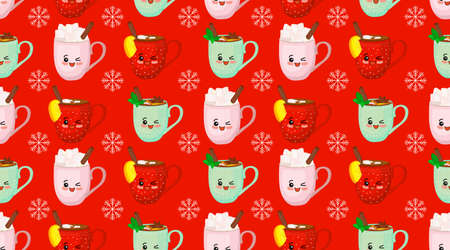 Seamless christmas pattern. Cute characters New Year. Christmas decorations. Winter drinks. Red background. Cartoon cup.のイラスト素材