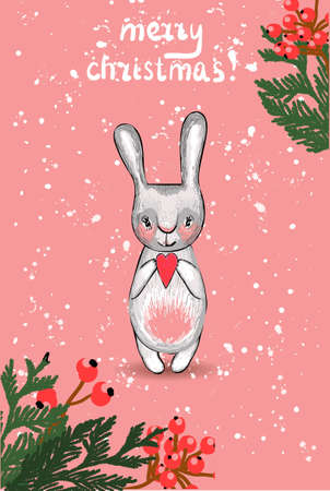 Merry Christmas Cute character hare. Pink background. White snowのイラスト素材