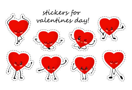 Valentine's Day. Set of stickers on a white background. Cute kawaii cartoon hearts with eyes and arms and legs. Cheerful heart character red.のイラスト素材
