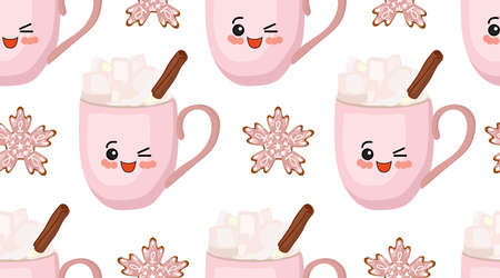 New Year seamless pattern. Winter drinks. Marshmallows, cinnamon and hot chocolate. Tender christmas. Snowflakes baking. Pink cup character.のイラスト素材