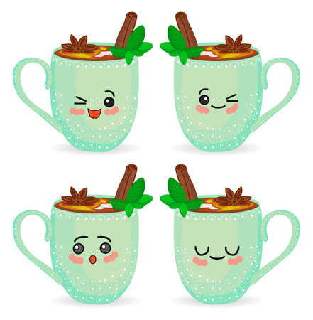 Set of cute cartoon kawaii cups. Characters with hands and a smile. Illustration isolated on white background.のイラスト素材