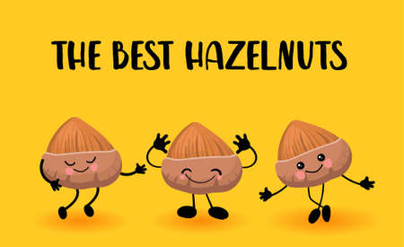Walnut hazelnut character. Greeting card or logo yellow bright background. Useful and fresh food. Vegetarianism and vegansのイラスト素材