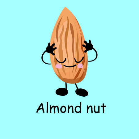 Almonds. Cute nut character with hands and eyes. Cartoon fruit or vegetable. Useful vegan foodのイラスト素材