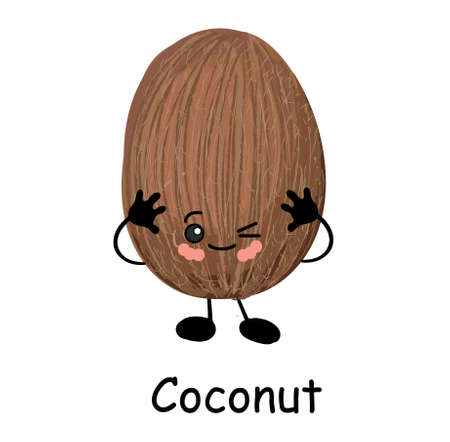 Cute happy cartoon coconut with a cheesy grin and its tongue protruding and arms with a second plain variant with no face and separate elementsのイラスト素材