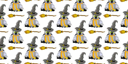 SCHOOL OF MAGIC. OWL In a mantle and a magic talking hat.の写真素材