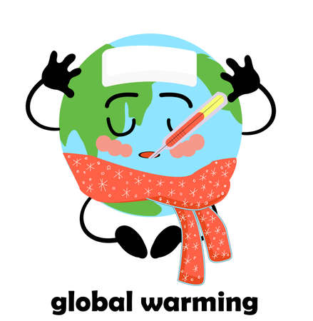 Global warming. Rising planet temperature. Earth Climate Change. Catastrophe. Banner on the topic of environmental issues. Planet earth character isolated on white background.のイラスト素材