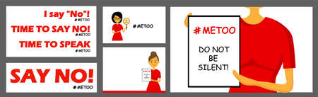 A large set of posters and postcards me too. Social movement for women. Feminism. The hashtag metoo. Violence and harassment..のイラスト素材