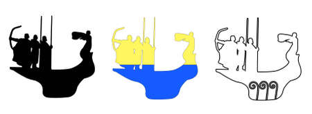 Sightseeing and landmark of Kiev, Ukraine. Icons, outline and colored flat signs, statue of the founders. Kiev cultural capital of Ukraine, vectorのイラスト素材