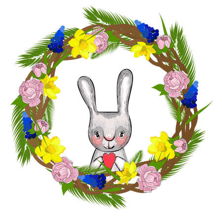 Easter wreath with spring flowers. Lettering spring. Element for the design of spring banners and posters. Isolated on a white background.のイラスト素材