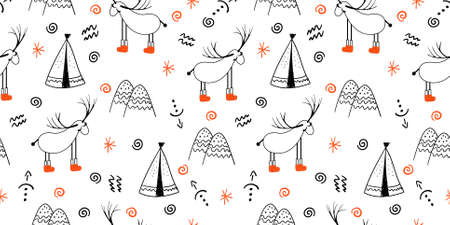 Seamless light pattern with deers and trees. Scandinavian style drawing. Linear art. Black-white illustration. Hello winter.のイラスト素材