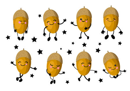 Acorn. Walnut with oak character. Cute cartoon acorn with arms and legs. Set of nuts Isolated on a white background.のイラスト素材