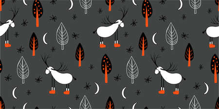 Reindeer. An animal with horns. Illustration in folk style. Stylized mountains. Scandinavian print. Seamless pattern for kids.のイラスト素材