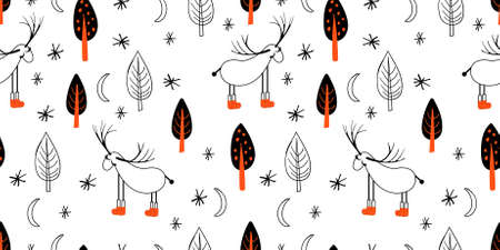 Seamless light pattern with deers and trees. Scandinavian style drawing. Linear art. Black-white illustration. Hello winter.のイラスト素材