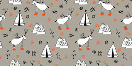 Reindeer. An animal with horns. Illustration in folk style. Stylized mountains. Scandinavian print....