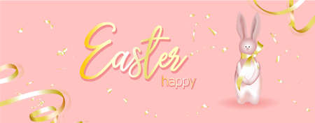 Horizontal banner, poster, header website. vector illustration.Easter holiday banner. Easter design with realistic holiday items, sparkling garland lights, a rabbit, a ribbon, shiny golden confetti.のイラスト素材
