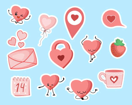 Valentine's Day stickers. Heart, castle, cup cloud love