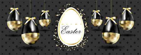 Happy easter lettering background with realistic golden glitter decorated eggs, confetti, golden brush splash. Vector illustration for greeting card, announcement, promotion, poster, flyer, web bannerのイラスト素材