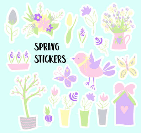 Easter. Spring stickers. Happy easter. Elements for creating postcards. Bird, flowers, birdhouse. Pastel colors..のイラスト素材
