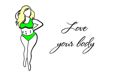 Love your body. Bodypositive concept. Accepting oneself. Fat woman in a swimsuit. Motivacin inscription.のイラスト素材