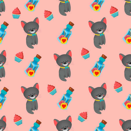 Seamless pattern for girls.Through the looking glass. Book characters. Cheshire Cat. Tea party Pink color.のイラスト素材