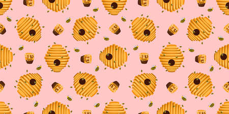 Seamless tinder pattern. Bee house. Beehive. Pink background. honeycomb Children's designの写真素材