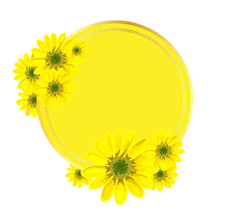 Vector round background for an inscription. Yellow pattern with flowers. Design for advertising or promotions, sales. Spring flowers. Vector illustration isolated on a white background. Frame.のイラスト素材