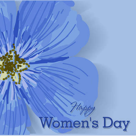 Women's Day. Spring holiday. Greeting card or horizontal banner in blue color. Delicate spring flower. Golden inscription and confetti. Happy Women's Day.のイラスト素材