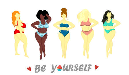 Women with different skin colors. Afroamer Ikan, European, Asian, Scandinavian. Body positive concept. Any body is beautiful. Motivational inscription. Women in swimsuits isolated on a white backgrounのイラスト素材