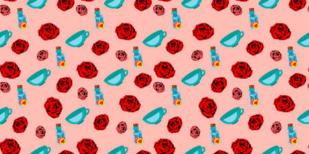 playing cards seamless pattern. Red rose on a pink background.の写真素材