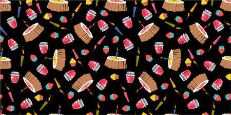 Birthday seamless pattern with cake, candles and cupcakes, pastries. Perfect design for fabric and...