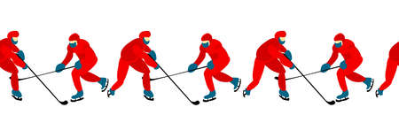 HOCKEY SCHOOL. People play hockey. Winter sports. Skates and clubs. Seamless border vector...
