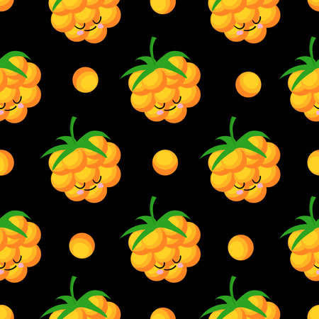 Funny print for baby clothes. Cute pattern with berries. Cloudberry. Vector illustration. Berry character.のイラスト素材