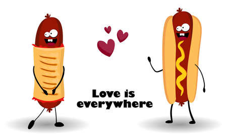Funny hot dog. Hot dog. Cute fast food vector character set isolated on white.のイラスト素材
