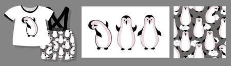 Funny print for baby clothes. Cute pattern with penguins. T-shirt design. Vector illustration.Ready textile design kit.のイラスト素材