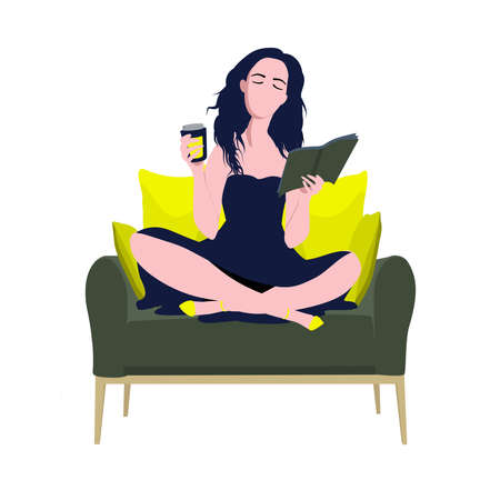 A woman is reading a book. Relax and relaxation. Keep calm. Stay at home. Reading of books.のイラスト素材