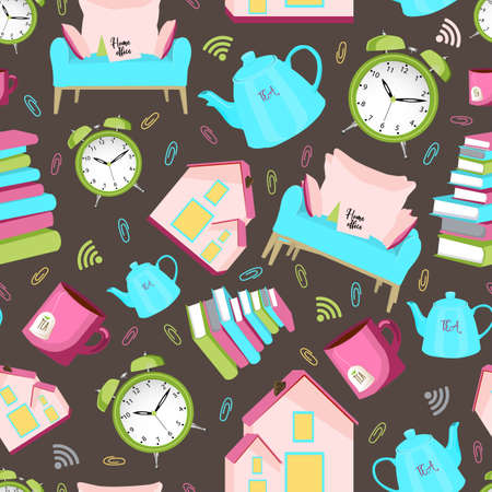 Seamless vector pattern. Home items. cozy house, home improvement. Kettle and cup, alarm clock and books. Stay home.のイラスト素材
