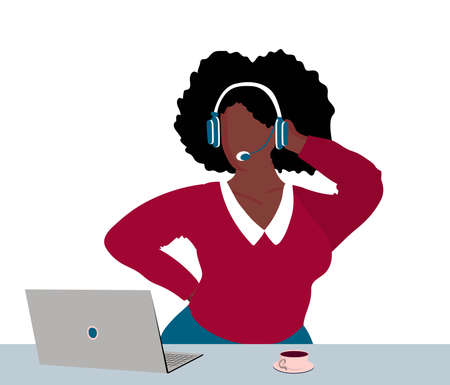 Black woman in headphones isolated on a white background. The concept of remote work. Freelance. Audio books and online conferencing.のイラスト素材