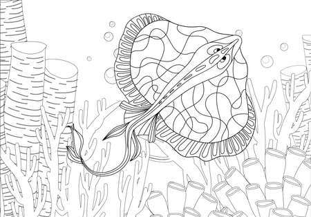 Staining. Coloring book. Coloring book with a picture of a mantle stingray  . Antistress freehand sketch drawing. Vector illustration.のイラスト素材