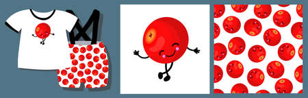 Funny print for baby clothes. Cute pattern with berries. T-shirt design. Vector illustration. Ready-made textile design kit. Cranberry seamless pattern. Berries characterのイラスト素材