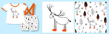 Funny print for baby clothes. Cute pattern with trees. T-shirt design. Vector illustration. Ready-made textile design kit. Seamless pattern. Deer. Animals character. Reindeerのイラスト素材